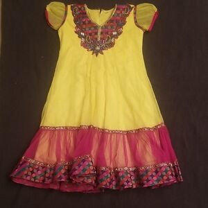 Vibrant Yellow and Pink Dress with Embellished Neckline